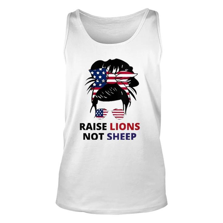 Womens Raise Lions Not Sheep American Flag Sunglasses Messy Bun V-Neck Unisex Tank Top