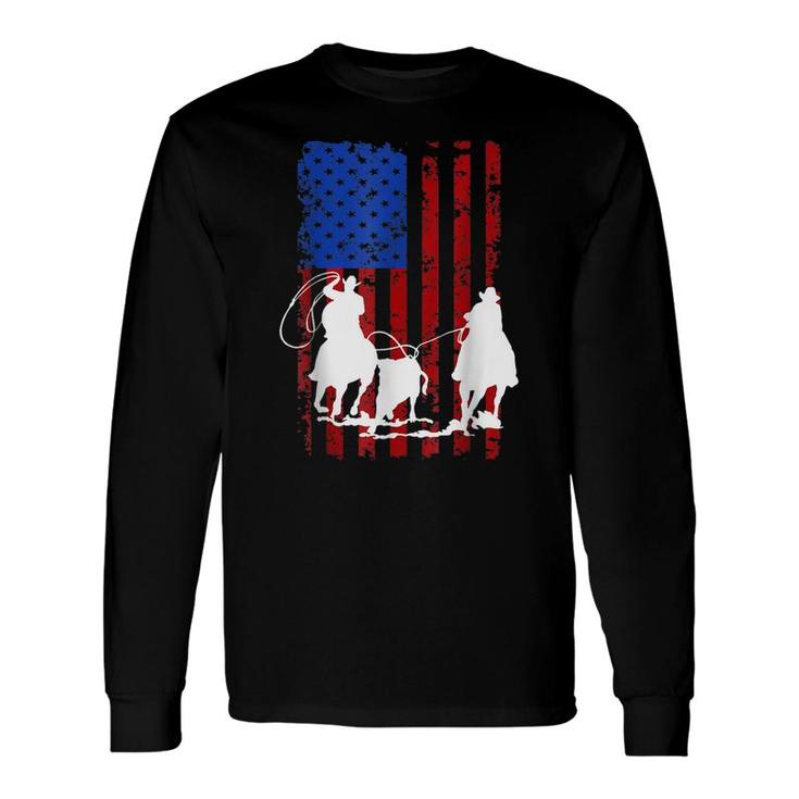 American Flag Team Roping Horse 4Th Of July Patriotic Usa Long Sleeve T-Shirt