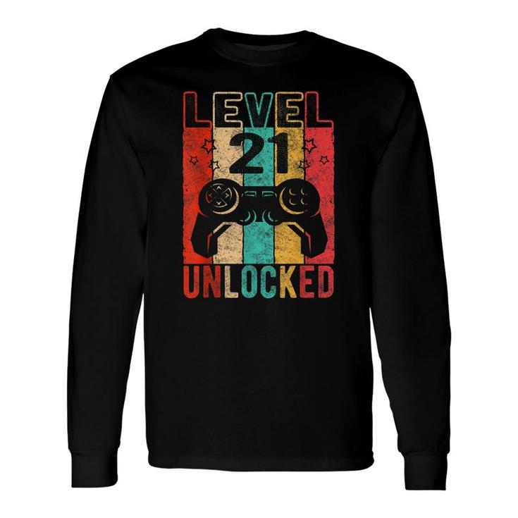 Fun 21St Birthday Level 21 Unlocked Retro Graphic Birthday Long Sleeve T-Shirt