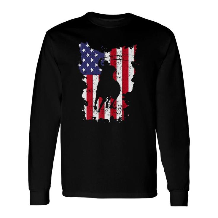 Independence Day Team Roping Horseback Riding July Of 4Th Us Flag Long Sleeve T-Shirt