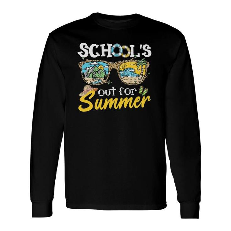 Last Day Of School Teacher Student Schools Out For Summer Vacation Beach Palm Tree Sun Sunglasses Long Sleeve T-Shirt