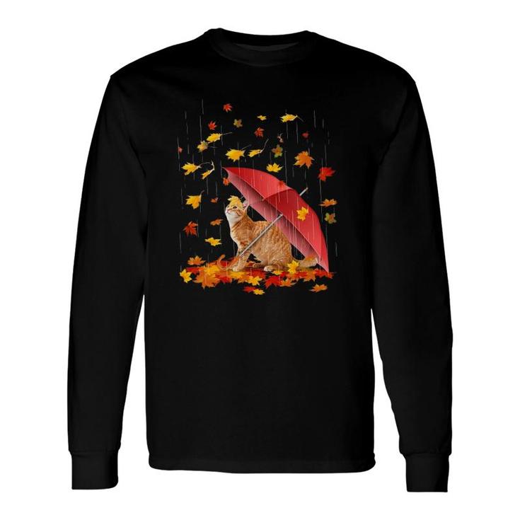 Maple Cat And Umbrella Leaf Fall Hello Autumn Bicycle Long Sleeve T-Shirt T-Shirt