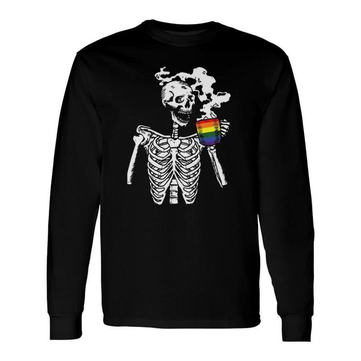 Skeleton Drinking Coffee Gay Pride Skull Lgbt Q Ally Long Sleeve T-Shirt T-Shirt