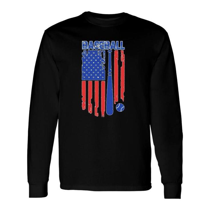 Vintage Cool Baseball American Flag Print Long Sleeve T-Shirt