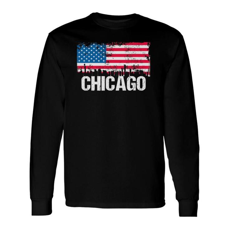 Vintage Us Flag American City Skyline Chicago Illinois Long Sleeve T-Shirt T-Shirt