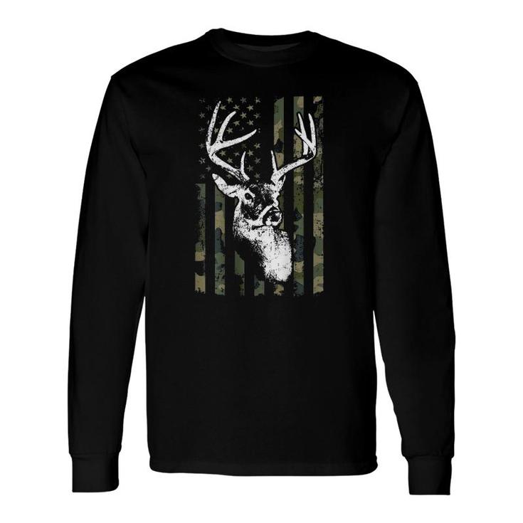 Whitetail Buck Deer Hunting Usa Camouflage Flag On Back Long Sleeve T-Shirt T-Shirt