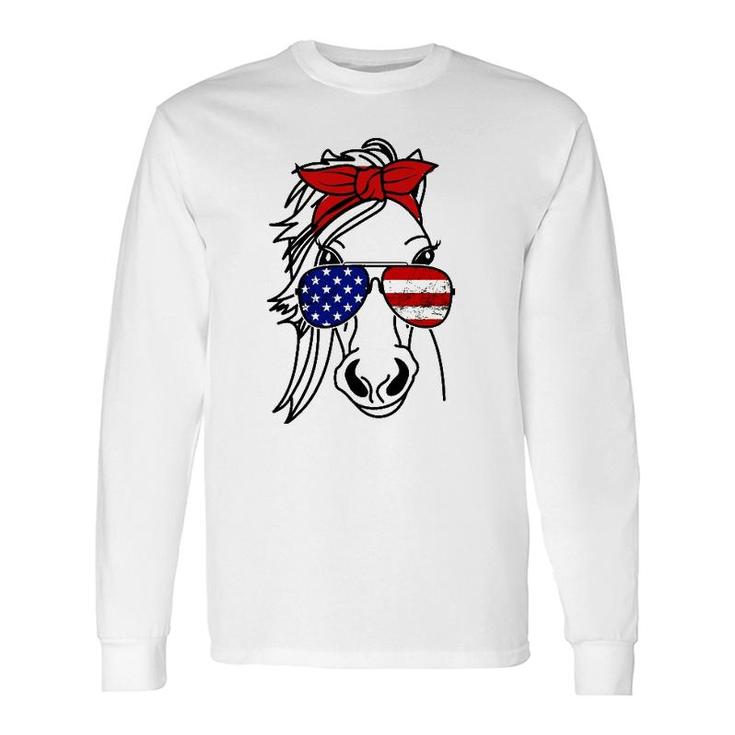 4Th Of July Patriotic Horse American Flag Sunglasses Long Sleeve T-Shirt