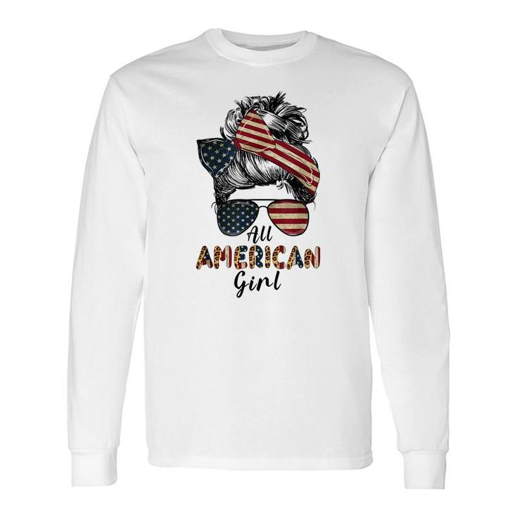All American Girl Messy Bun Matching 4Th July Retro Long Sleeve T-Shirt