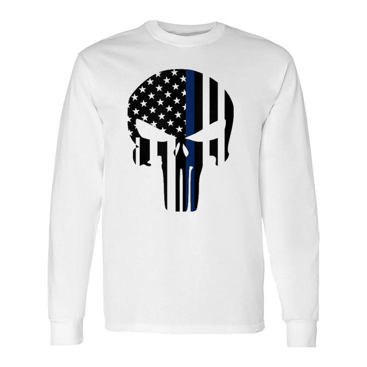 Blue Line American Skull Flag Support Police Long Sleeve T-Shirt T-Shirt