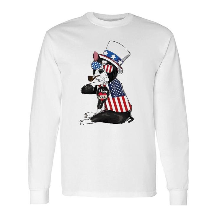 Boston Terrier Dog Merica 4Th Of July Usa American Flag Men Long Sleeve T-Shirt