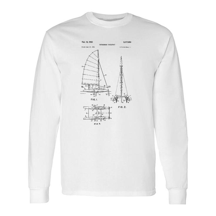 Catamaran Sailboat Blueprint Old Sailing Boat Ocean Long Sleeve T-Shirt T-Shirt