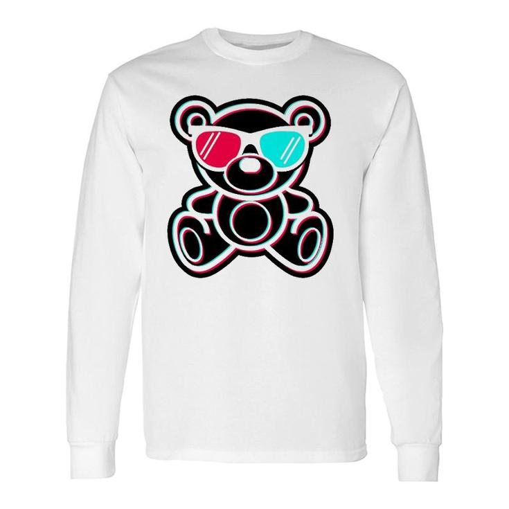 Cool Teddy Bear Glitch Effect With 3D Glasses Long Sleeve T-Shirt