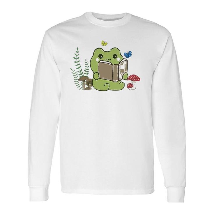 Cute Frog Reading A Book On Mushroom Cottagecore Aesthetic V-Neck Long Sleeve T-Shirt T-Shirt