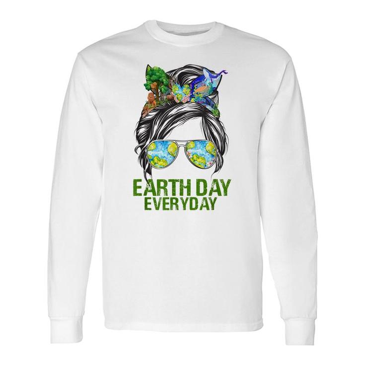 Earth Day Everyday Messy Bun Earth Animal Lovers Long Sleeve T-Shirt