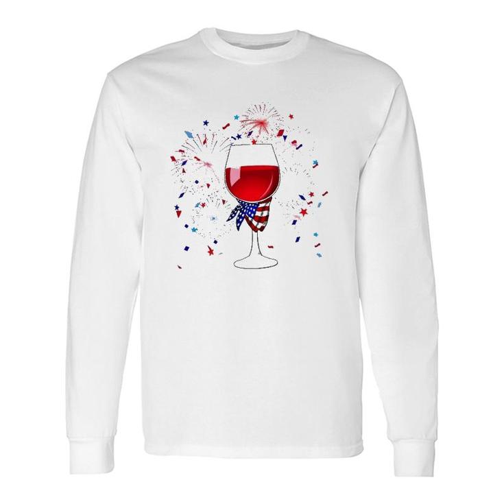 Happy 4Th Of July Us Flag Wine Glass And Fireworks Celebration Long Sleeve T-Shirt