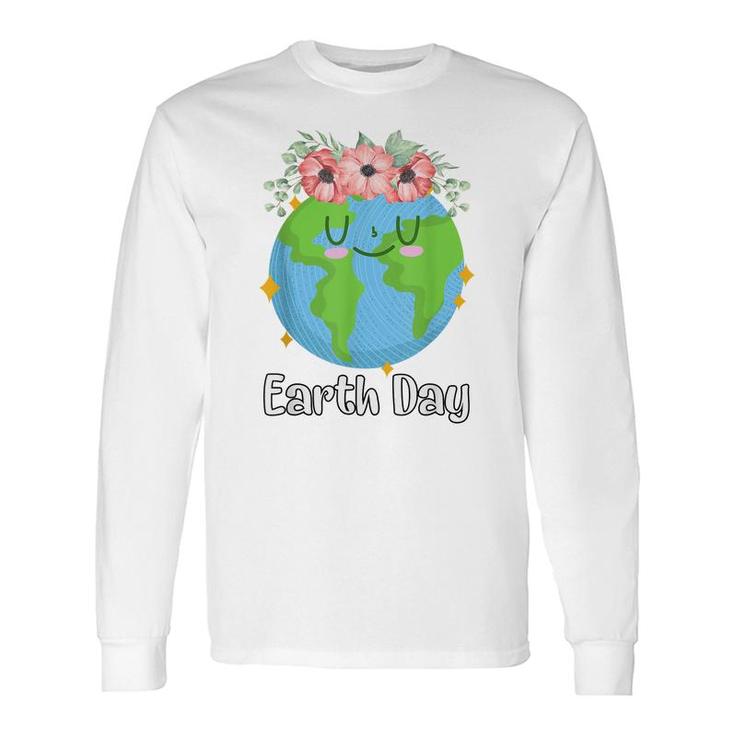 Happy Earth Day Cute Earth Smiles With Floral Earth Day 2022 Long Sleeve T-Shirt