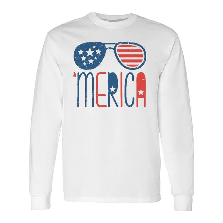 Merica American Flag Aviators Toddler4th July Usa Flag Sunglass Long Sleeve T-Shirt
