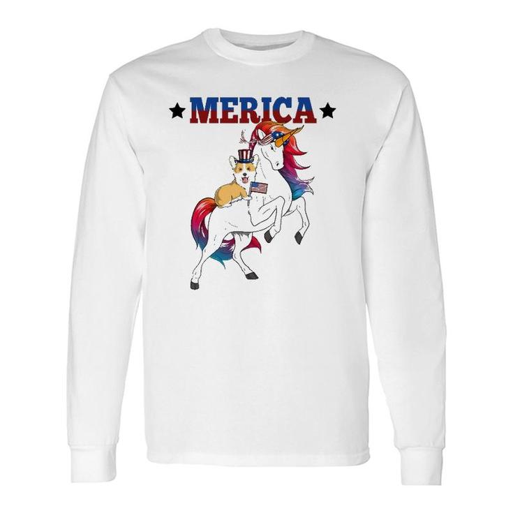 Merica Corgi Dog Unicorn Usa American Flag 4Th Of July Long Sleeve T-Shirt