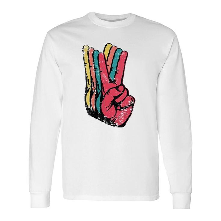 Peace Hand Sign Retro Vintage 70S 80S 90S Pop Culture V-Neck Long Sleeve T-Shirt