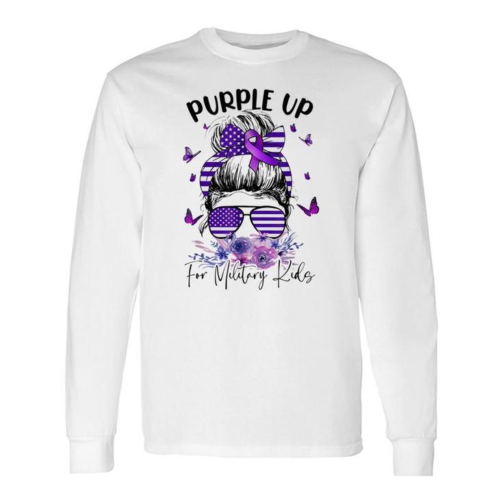Purple Up For Military Child Month Messy Bun Floral Long Sleeve T-Shirt