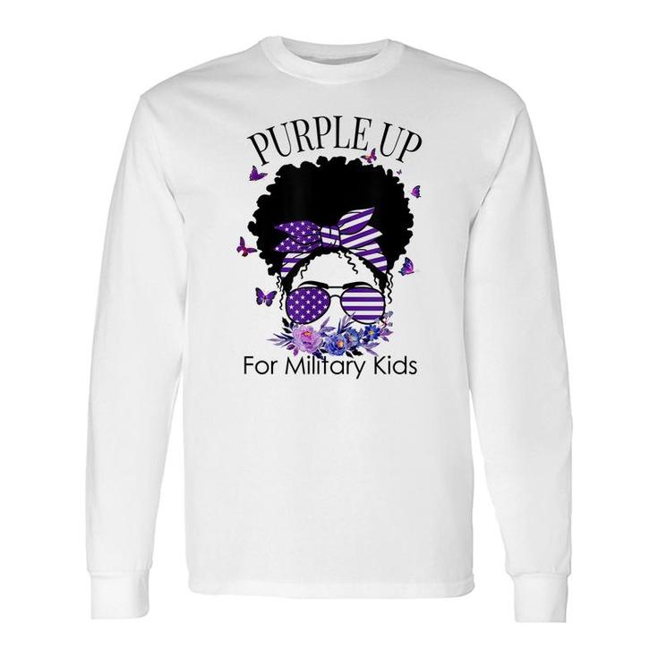 Purple Up For Military Messy Bun Floral Butterfly Long Sleeve T-Shirt