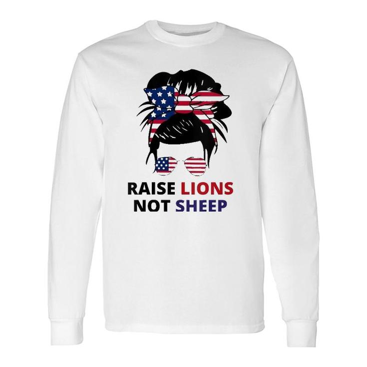 Raise Lions Not Sheep American Flag Sunglasses Messy Bun V-Neck Long Sleeve T-Shirt