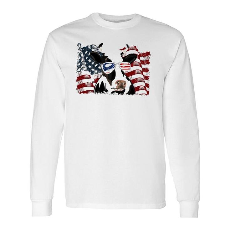 Retro Dairy Cow American Flag 4Th Of July Animals Lover Long Sleeve T-Shirt