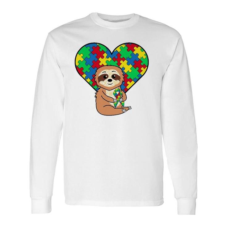 Sloth Heart Puzzle Piece Ribbon Cool Autism Awareness Long Sleeve T-Shirt T-Shirt