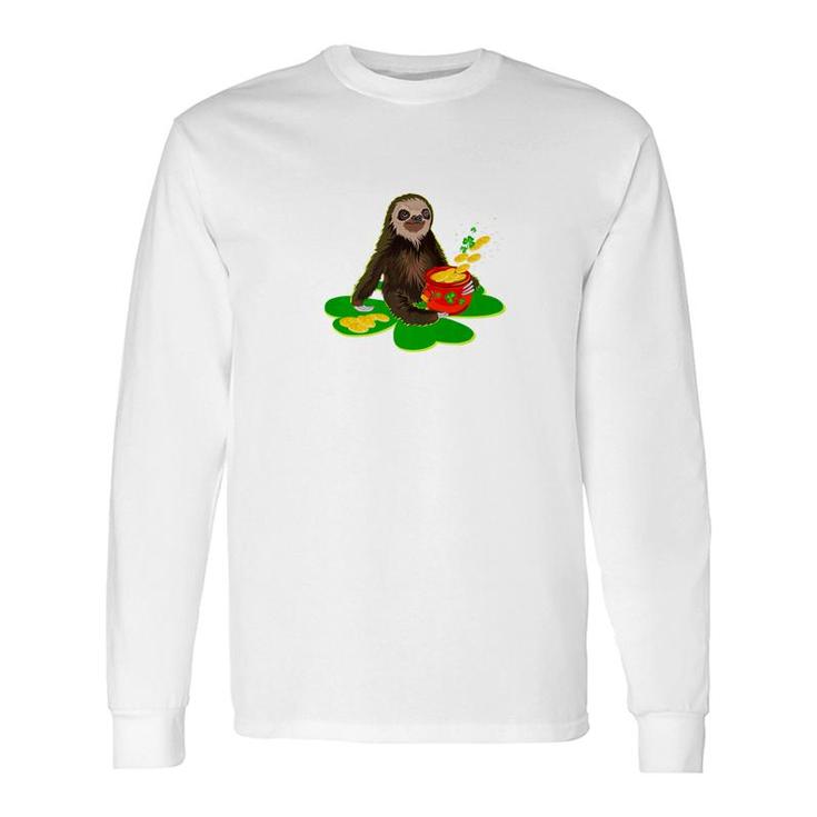Sloth On Shamrock With St Patrick Day Coin Pot Long Sleeve T-Shirt