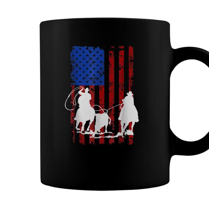 American Flag Team Roping Horse 4Th Of July Patriotic Usa  Coffee Mug