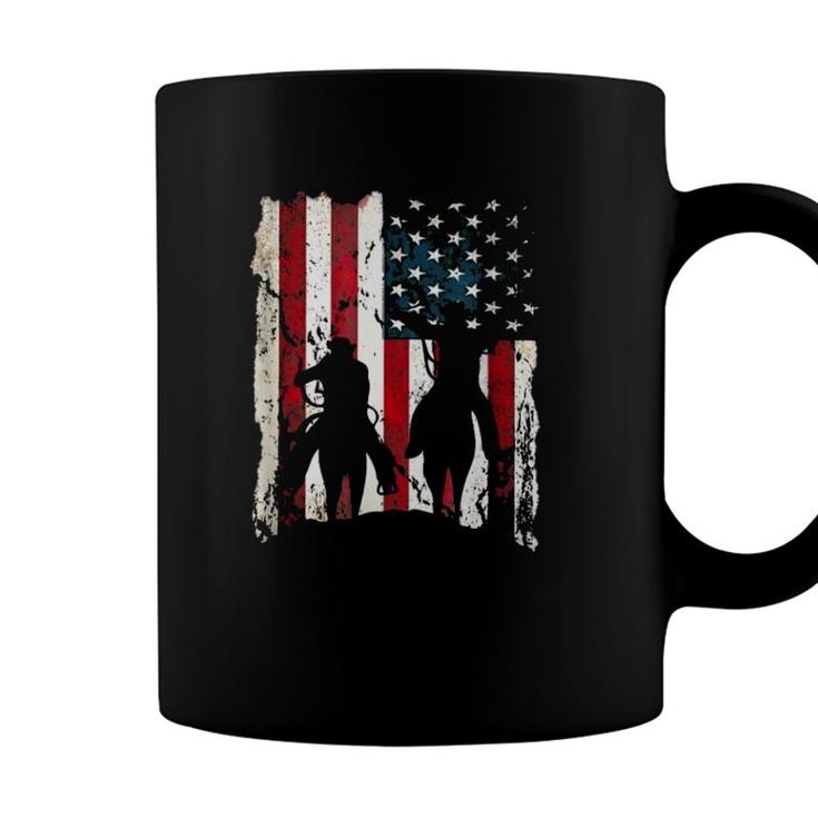 Independence Day Team Roping Cowboys July Of 4Th Us Flag Coffee Mug
