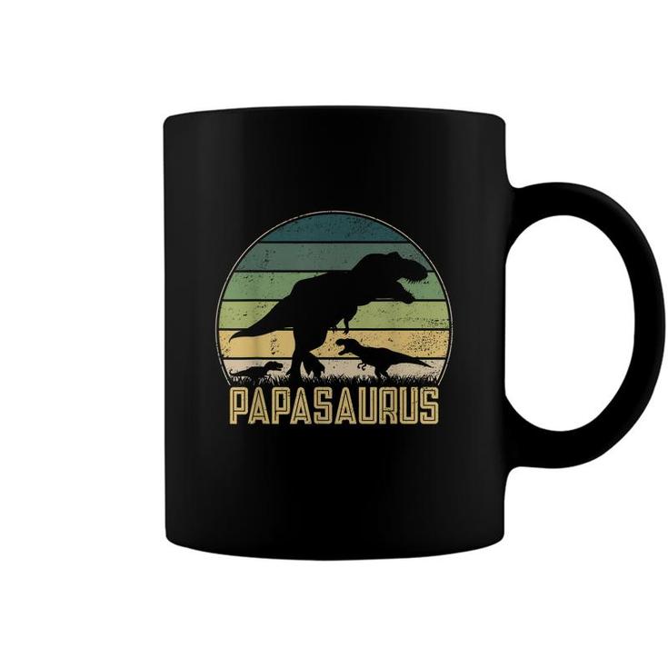 Papasaurus 2 Kids Vintage Retro Sunset Funny Dad Dinosaur  Coffee Mug