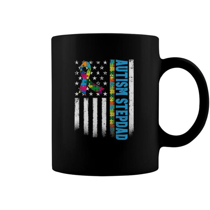 Retro American Flag Autism Stepdad Awareness Autistic Coffee Mug