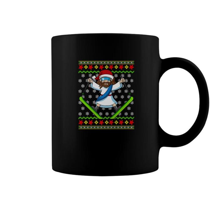 Ugly Christmas Sweater Kids Jesus Skiing Gift Coffee Mug