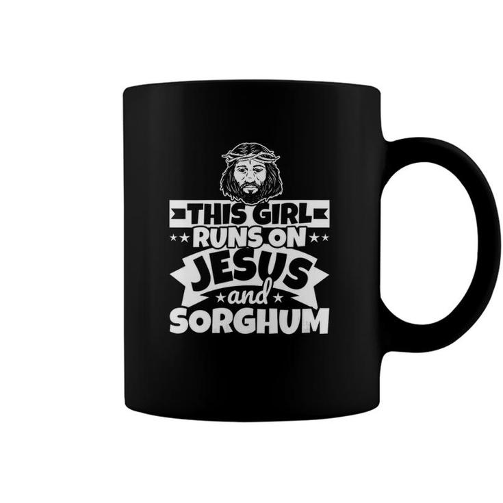 Womens Girl Runs On Jesus And Sorghum V-Neck Coffee Mug