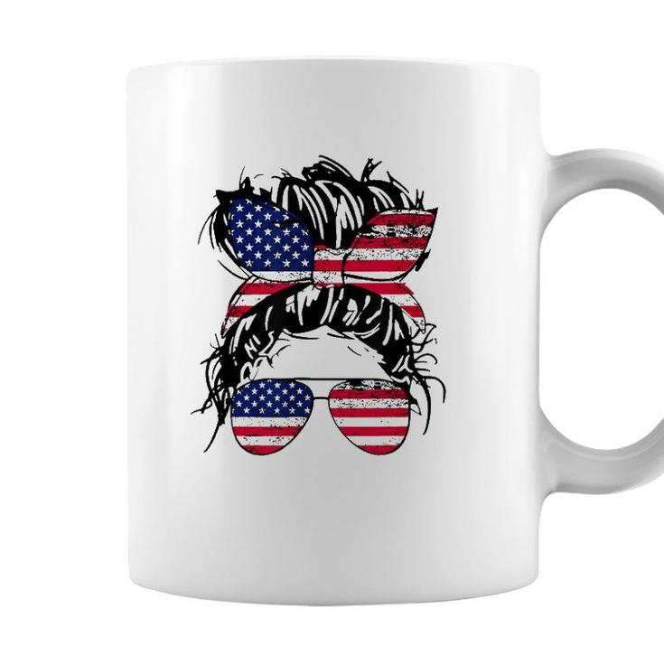 4Th Of July American Flag Patriotic Daughter Messy Bun Usa Coffee Mug