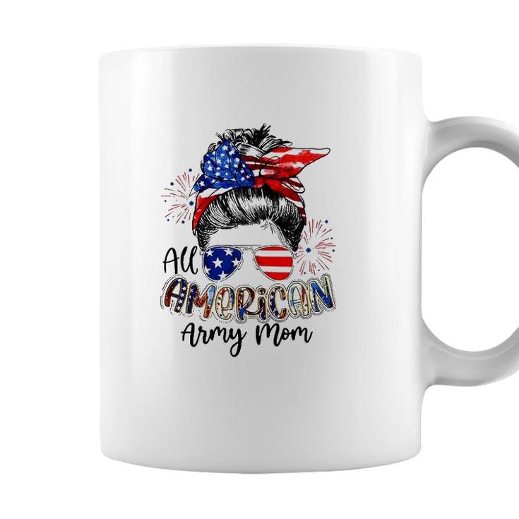 All American Army Mom 4Th Of July American Flag Bandana Sunglasses Fireworks Messy Bun Coffee Mug