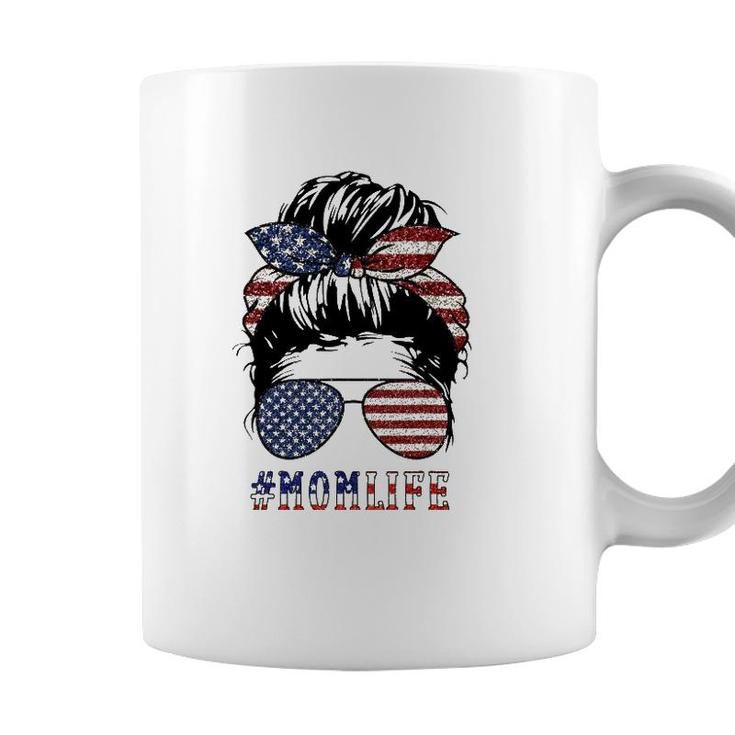 American Mom Life Messy Bun 4Th Of July Sunglasses Usa Flag Coffee Mug
