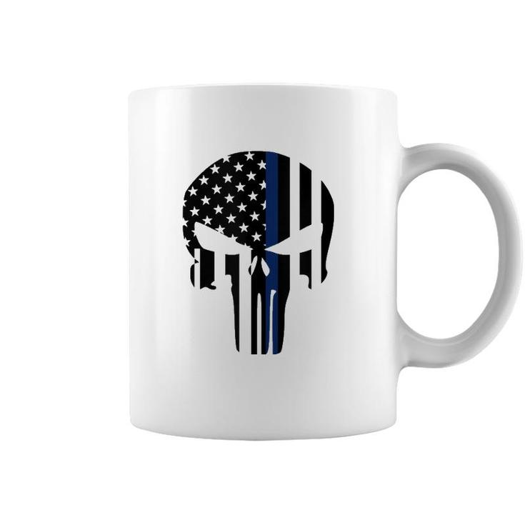 Blue Line American Skull Flag Support Police  Coffee Mug