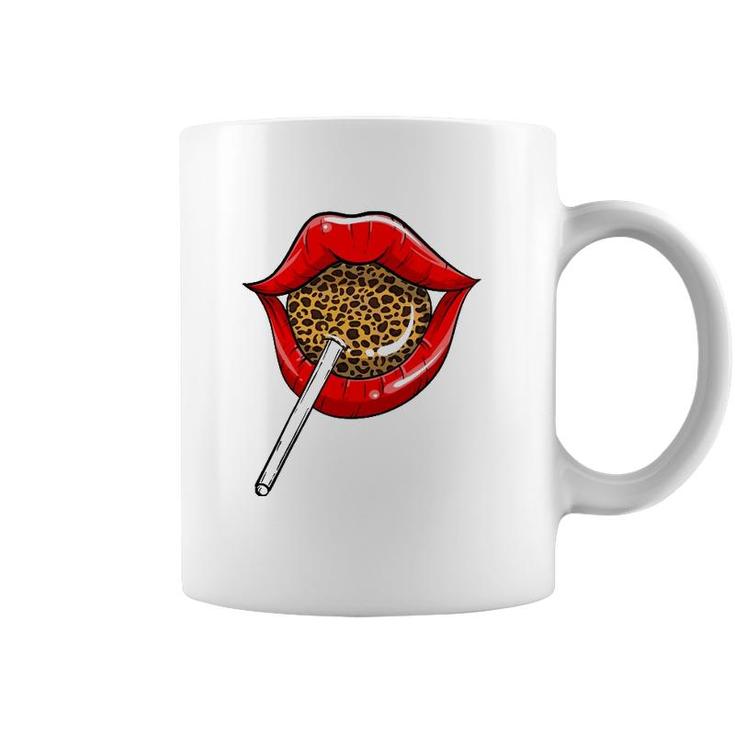 Funny Red Lip Leopard Print Gift Cheetah Lolly Men Women Coffee Mug