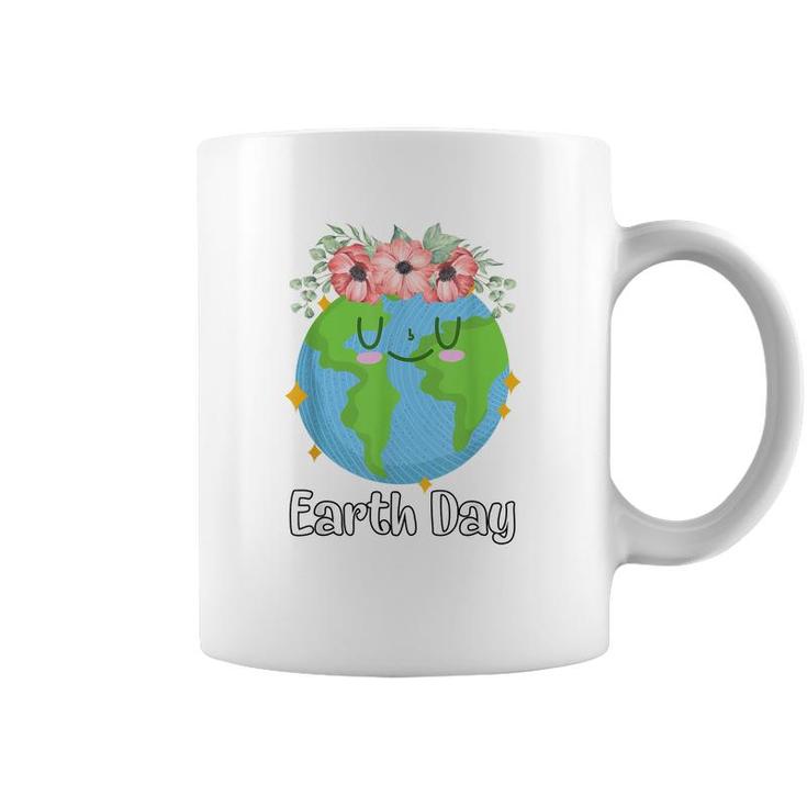 Happy Earth Day Cute Earth Smiles With Floral Earth Day 2022  Coffee Mug
