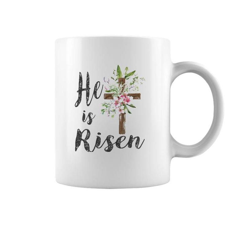He Is Risen Floral Cross Vintage Happy Easter 2022 Gift Coffee Mug