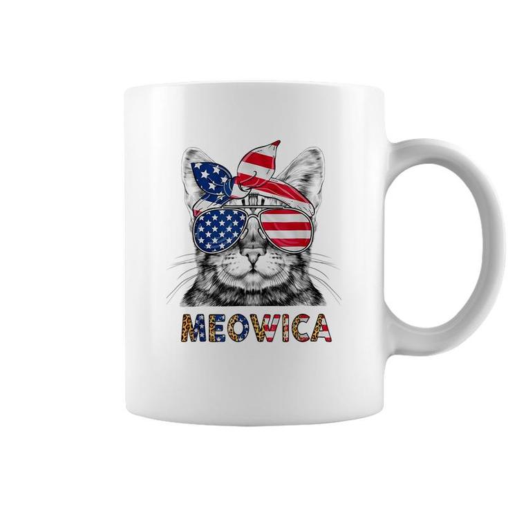 Meowica Cat Leopard Usa Flag Sunglasses Bandana 4Th Of July  Coffee Mug
