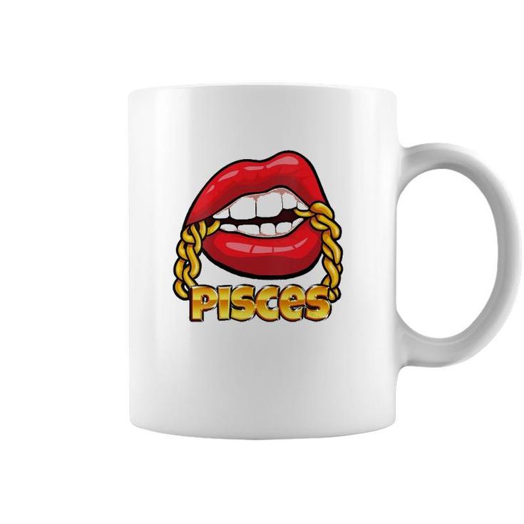 Womens Juicy Lips Gold Chain Pisces Zodiac Sign V-Neck Coffee Mug