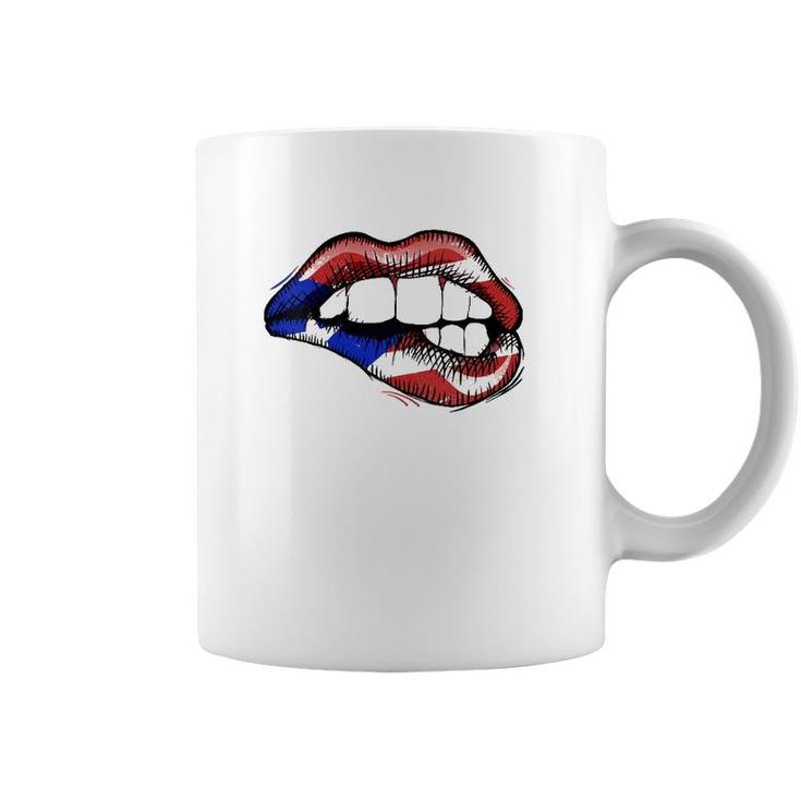 Womens Sexy Biting Lips Puerto Rico Flag V-Neck Coffee Mug