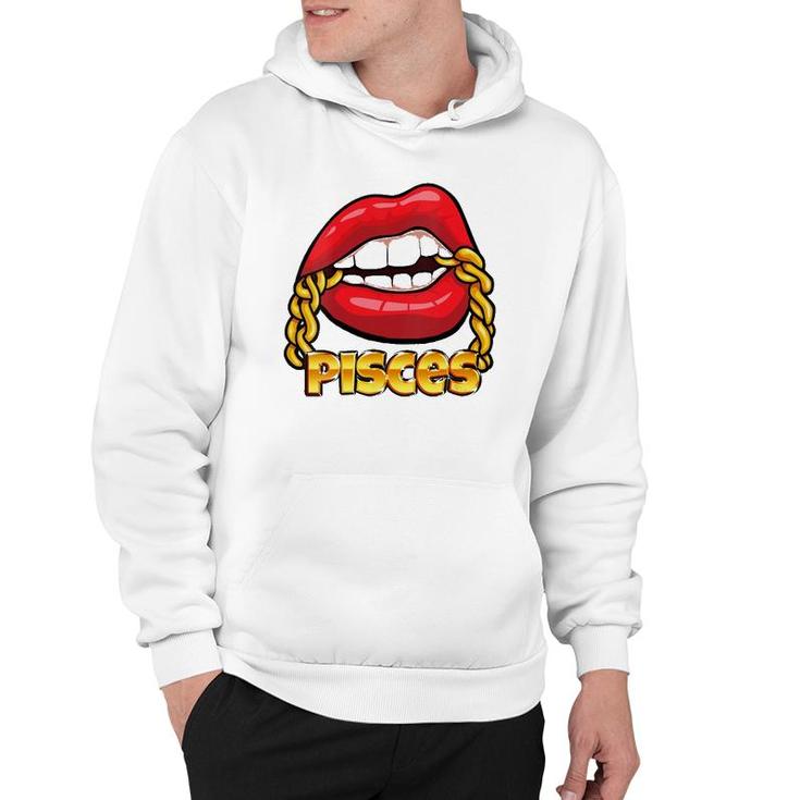 Womens Juicy Lips Gold Chain Pisces Zodiac Sign V-Neck Hoodie