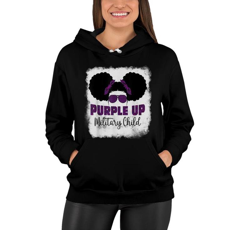 Purple Up For Kids Military Child Month Messy Bun Bleached  Women Hoodie