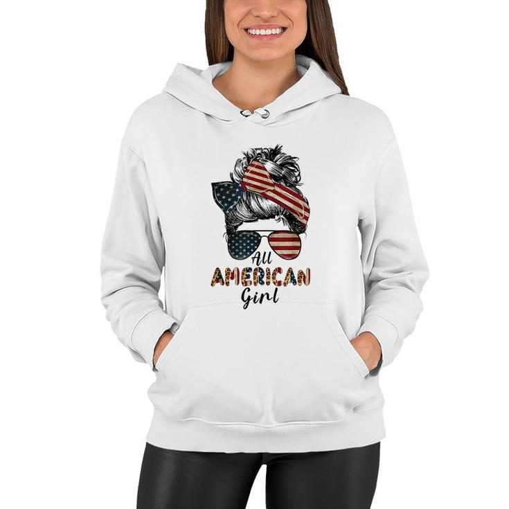 All American Girl Messy Bun Matching Family 4Th July Retro  Women Hoodie