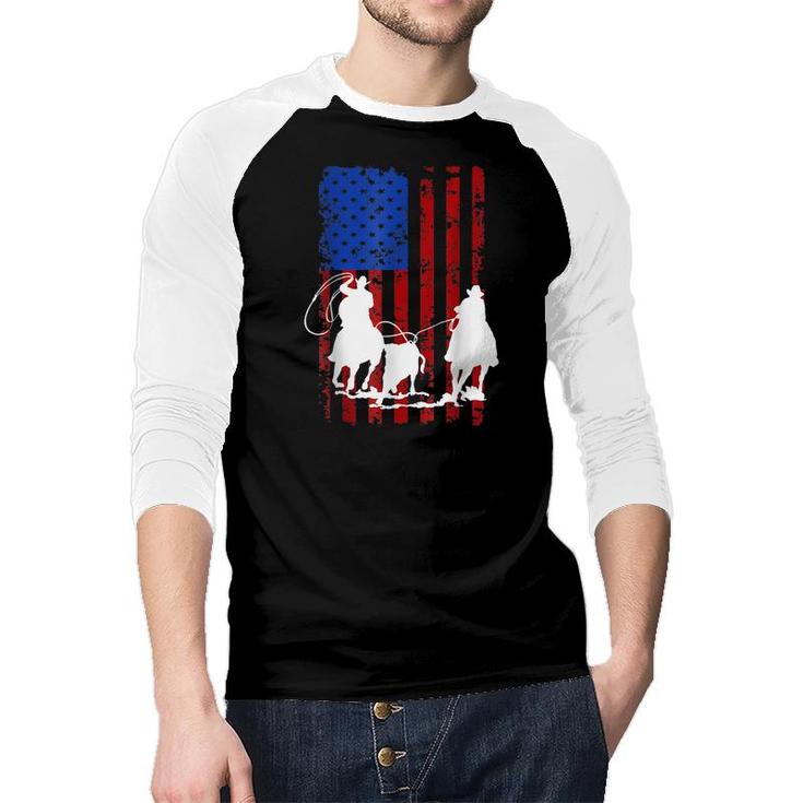 American Flag Team Roping Horse 4Th Of July Patriotic Usa  Raglan Baseball Shirt