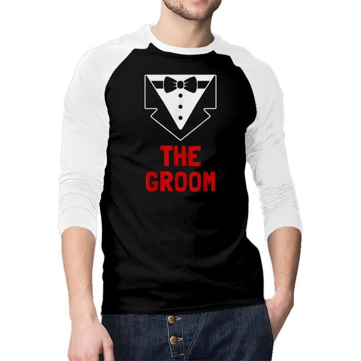 The Groom - Stag And Bachelor Party Group Tuxedo Outfit Gift  Raglan Baseball Shirt